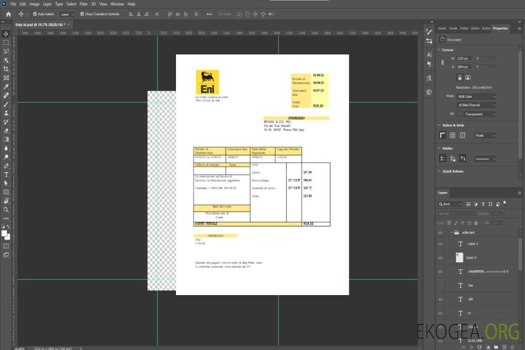 Italie Facture commerciale de service public de gaz, SCR template